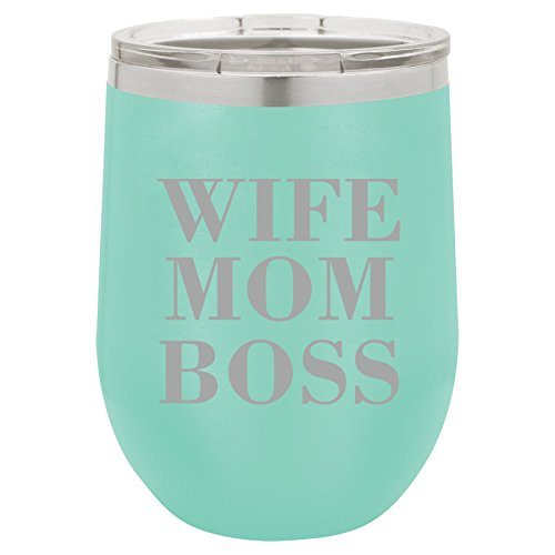 12 oz Double Wall Vacuum Insulated Stainless Steel Stemless Wine Tumbler Glass Coffee Travel Mug With Lid Wife Mom Boss (Teal)