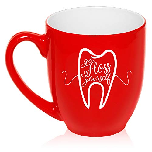 16 oz Large Bistro Mug Ceramic Coffee Tea Glass Cup Go Floss Yourself Dentist Dental Hygienist (Red)