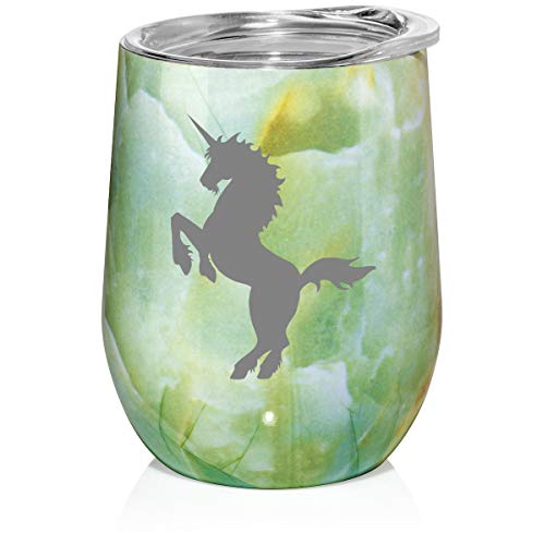 12 oz Double Wall Vacuum Insulated Stainless Steel Marble Stemless Wine Tumbler Glass Coffee Travel Mug With Lid Unicorn (Turquoise Green Marble)