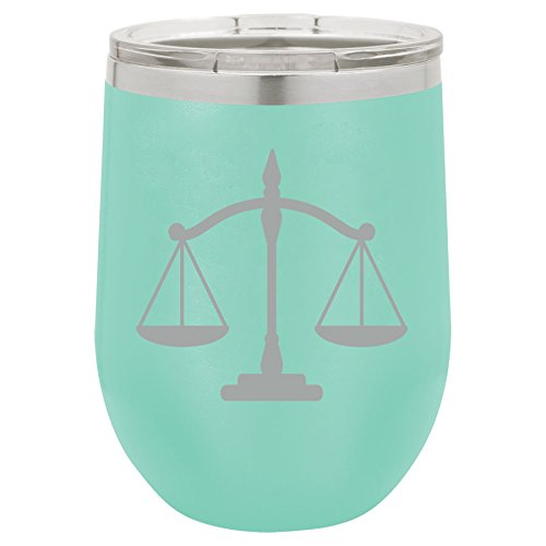 12 oz Double Wall Vacuum Insulated Stainless Steel Stemless Wine Tumbler Glass Coffee Travel Mug With Lid Scales Of Justice Lawyer Paralegal Attorney (Teal)