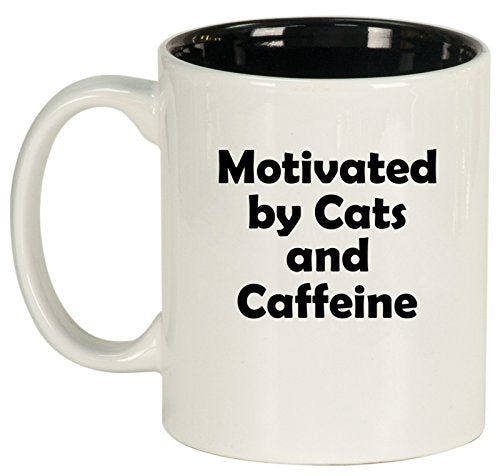 Ceramic Coffee Tea Mug Cup Motivated By Cats And Caffeine (White)