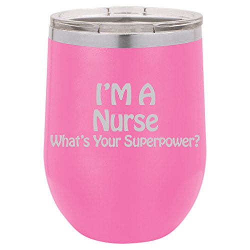 12 oz Double Wall Vacuum Insulated Stainless Steel Stemless Wine Tumbler Glass Coffee Travel Mug With Lid Nurse Super Power (Hot-Pink)