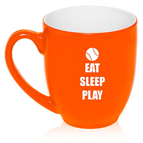 16 oz Large Bistro Mug Ceramic Coffee Tea Glass Cup Eat Sleep Play Baseball Softball (Orange)