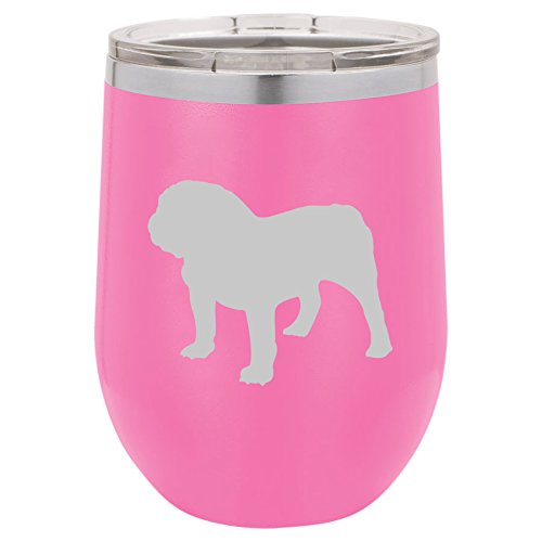 12 oz Double Wall Vacuum Insulated Stainless Steel Stemless Wine Tumbler Glass Coffee Travel Mug With Lid Bulldog (Hot-Pink)