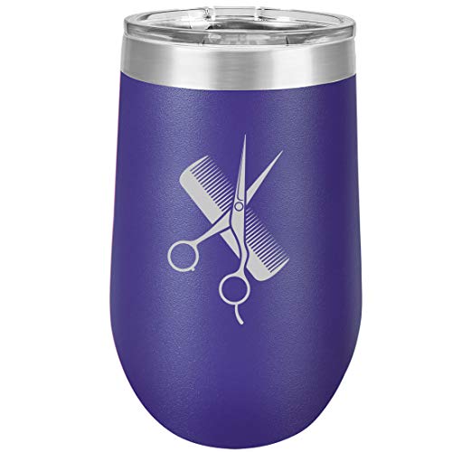 16 oz Double Wall Vacuum Insulated Stainless Steel Stemless Wine Tumbler Glass Coffee Travel Mug With Lid Hair Cutting Dressor Scissors comb (Purple)