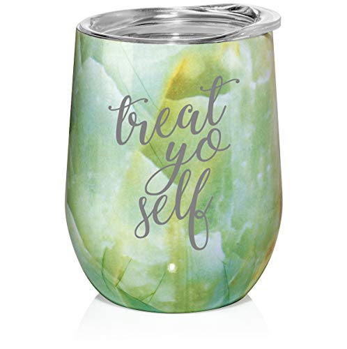 12 oz Double Wall Vacuum Insulated Stainless Steel Marble Stemless Wine Tumbler Glass Coffee Travel Mug With Lid Treat Yo Self (Turquoise Green Marble)