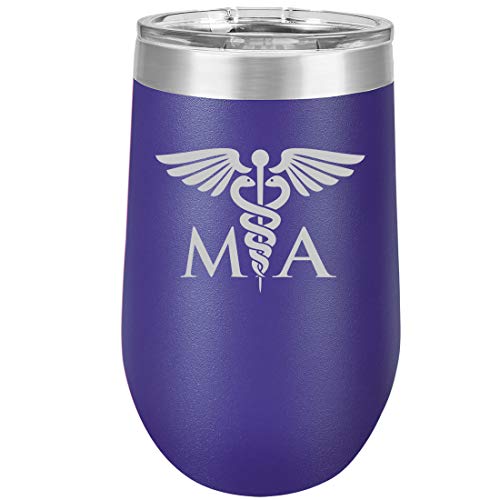 16 oz Double Wall Vacuum Insulated Stainless Steel Stemless Wine Tumbler Glass Coffee Travel Mug With Lid MA Medical Assistant (Purple)