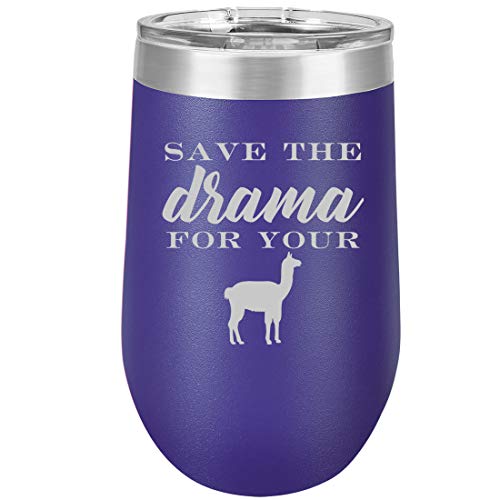 16 oz Double Wall Vacuum Insulated Stainless Steel Stemless Wine Tumbler Glass Coffee Travel Mug With Lid Save The Drama For Your Llama (Purple)