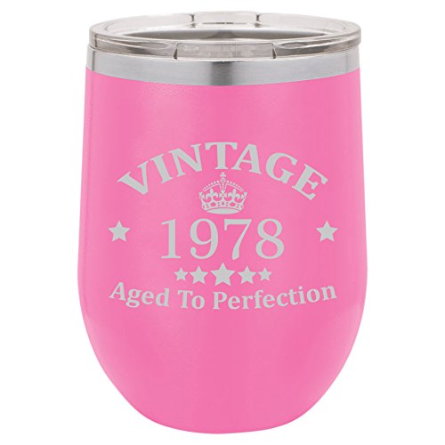 12 oz Double Wall Vacuum Insulated Stainless Steel Stemless Wine Tumbler Glass Coffee Travel Mug With Lid Vintage Aged To Perfection 1978 Birthday 40th Birthday (Hot-Pink)