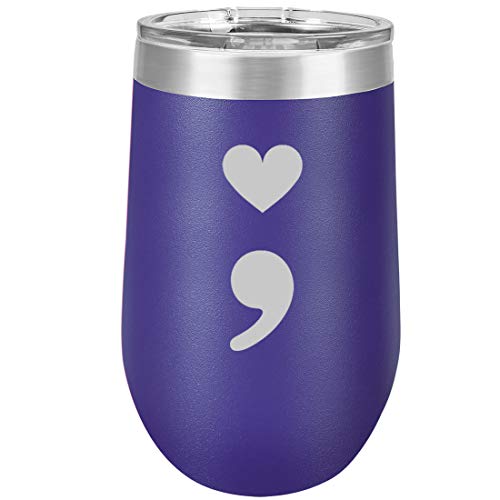 16 oz Double Wall Vacuum Insulated Stainless Steel Stemless Wine Tumbler Glass Coffee Travel Mug With Lid Heart Semicolon (Purple)