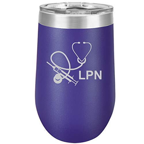 16 oz Double Wall Vacuum Insulated Stainless Steel Stemless Wine Tumbler Glass Coffee Travel Mug With Lid Licensed Practical Nurse LPN (Purple)