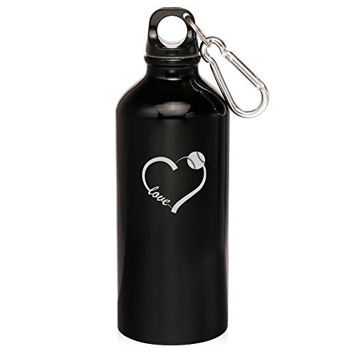 20oz Aluminum Sports Water Bottle Caribiner Clip Love Baseball Softball Heart (Black)