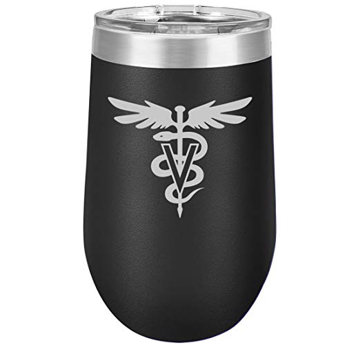 16 oz Double Wall Vacuum Insulated Stainless Steel Stemless Wine Tumbler Glass Coffee Travel Mug With Lid Vet Vetinarian Symbol (Black)