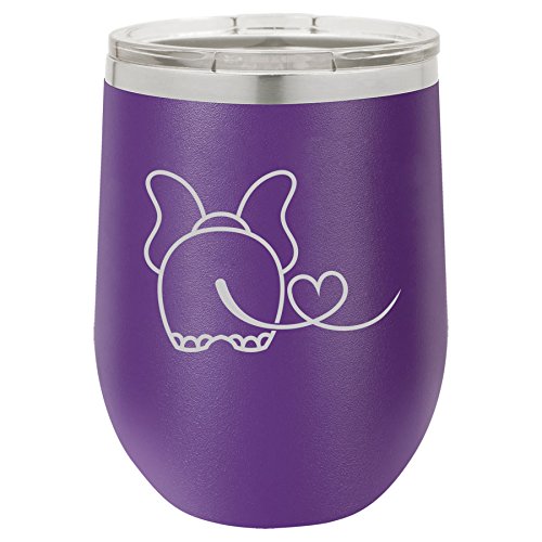 12 oz Double Wall Vacuum Insulated Stainless Steel Stemless Wine Tumbler Glass Coffee Travel Mug With Lid Elephant In Love (Purple)