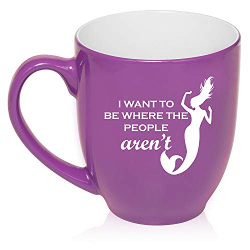 16 oz Large Bistro Mug Ceramic Coffee Tea Glass Cup I Want To Be Where The People Aren't Mermaid (Purple)