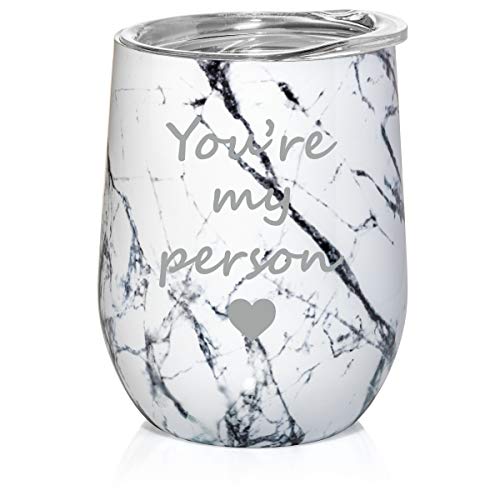 12 oz Double Wall Vacuum Insulated Stainless Steel Marble Stemless Wine Tumbler Glass Coffee Travel Mug With Lid You're My Person (Black White Marble)