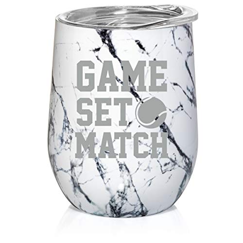 12 oz Double Wall Vacuum Insulated Stainless Steel Marble Stemless Wine Tumbler Glass Coffee Travel Mug With Lid Game Set Match Tennis (Black White Marble)