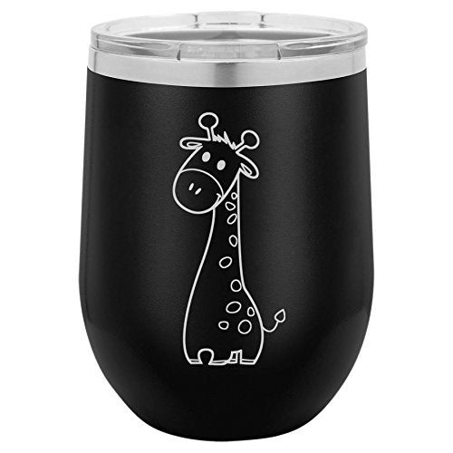 12 oz Double Wall Vacuum Insulated Stainless Steel Stemless Wine Tumbler Glass Coffee Travel Mug With Lid Cute Giraffe (Black)