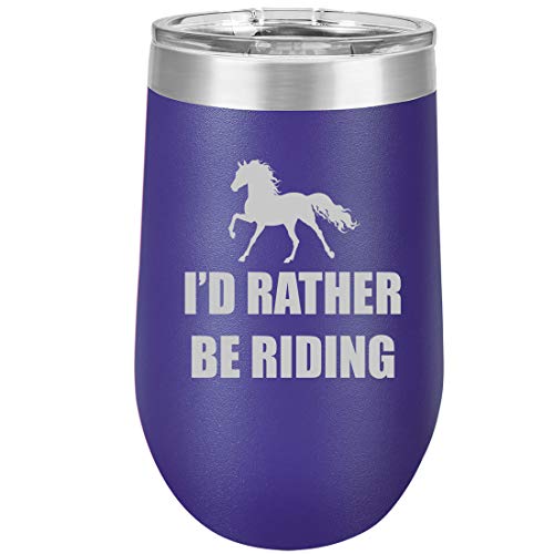 16 oz Double Wall Vacuum Insulated Stainless Steel Stemless Wine Tumbler Glass Coffee Travel Mug With Lid I'd Rather Be Riding Horse (Purple)