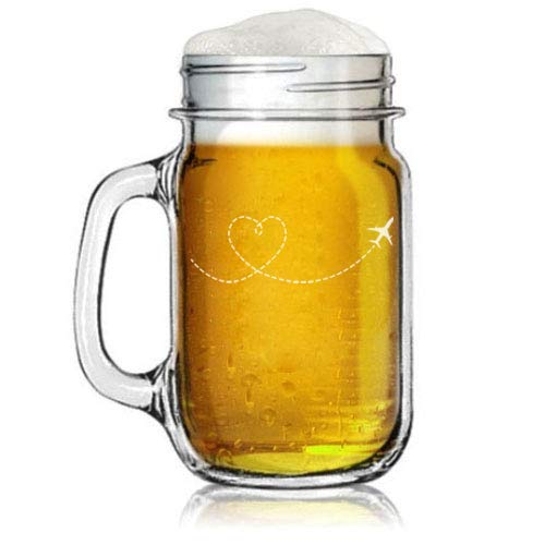 16oz Mason Jar Glass Mug w/Handle Heart Love Travel Airplane