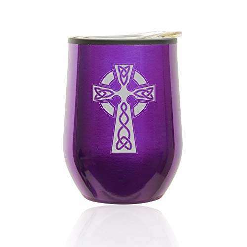 Stemless Wine Tumbler Coffee Travel Mug Glass With Lid Celtic Cross (Royal Purple)