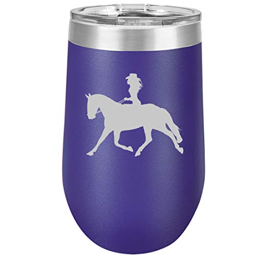 16 oz Double Wall Vacuum Insulated Stainless Steel Stemless Wine Tumbler Glass Coffee Travel Mug With Lid Cowgirl Riding Horse (Purple)