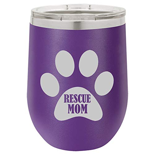 12 oz Double Wall Vacuum Insulated Stainless Steel Stemless Wine Tumbler Glass Coffee Travel Mug With Lid Paw Print Rescue Mom (Purple)