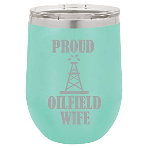 12 oz Double Wall Vacuum Insulated Stainless Steel Stemless Wine Tumbler Glass Coffee Travel Mug With Lid Proud Oilfield Wife (Teal)