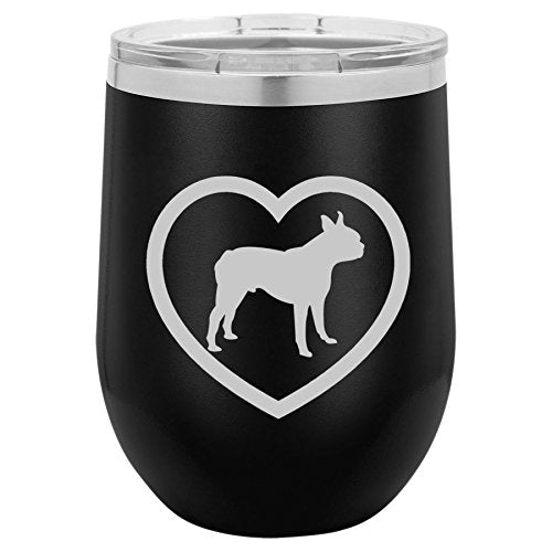 12 oz Double Wall Vacuum Insulated Stainless Steel Stemless Wine Tumbler Glass Coffee Travel Mug With Lid Boston Terrier Heart (Black)