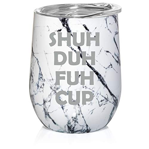 12 oz Double Wall Vacuum Insulated Stainless Steel Marble Stemless Wine Tumbler Glass Coffee Travel Mug With Lid Shuh Duh Fuh Cup (Black White Marble)