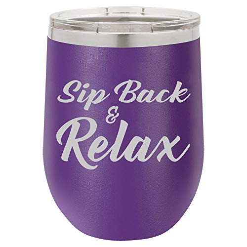 12 oz Double Wall Vacuum Insulated Stainless Steel Stemless Wine Tumbler Glass Coffee Travel Mug With Lid Sip Back & Relax Funny (Purple)