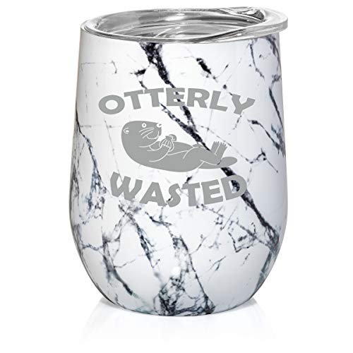 12 oz Double Wall Vacuum Insulated Stainless Steel Marble Stemless Wine Tumbler Glass Coffee Travel Mug With Lid Otterly Wasted Otter Funny (Black White Marble)