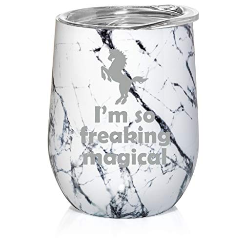 12 oz Double Wall Vacuum Insulated Stainless Steel Marble Stemless Wine Tumbler Glass Coffee Travel Mug With Lid I'm So Freaking Magical Unicorn (Black White Marble)