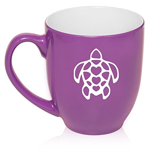 16 oz Large Bistro Mug Ceramic Coffee Tea Glass Cup Turtle Hearts (Purple)