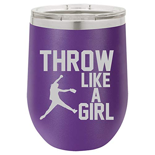 12 oz Double Wall Vacuum Insulated Stainless Steel Stemless Wine Tumbler Glass Coffee Travel Mug With Lid Throw Like A Girl Softball (Purple)