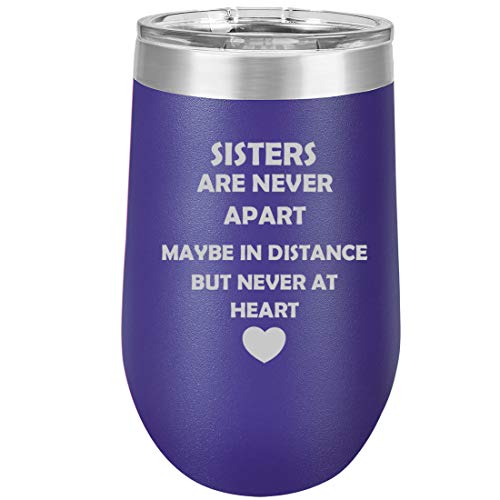 16 oz Double Wall Vacuum Insulated Stainless Steel Stemless Wine Tumbler Glass Coffee Travel Mug With Lid Sisters Long Distance Love (Purple)