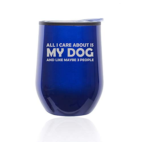 Stemless Wine Tumbler Coffee Travel Mug Glass With Lid All I Care About Is My Dog (Blue)