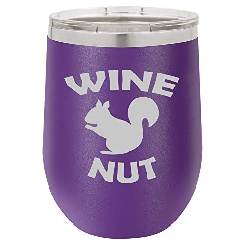 12 oz Double Wall Vacuum Insulated Stainless Steel Stemless Wine Tumbler Glass Coffee Travel Mug With Lid Funny Squirrel Wine Nut (Purple)