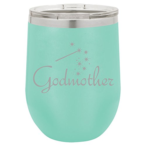 12 oz Double Wall Vacuum Insulated Stainless Steel Stemless Wine Tumbler Glass Coffee Travel Mug With Lid Godmother (Teal)