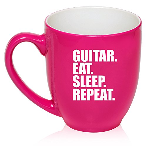 16 oz Large Bistro Mug Ceramic Coffee Tea Glass Cup Guitar Eat Sleep Repeat (Hot Pink)