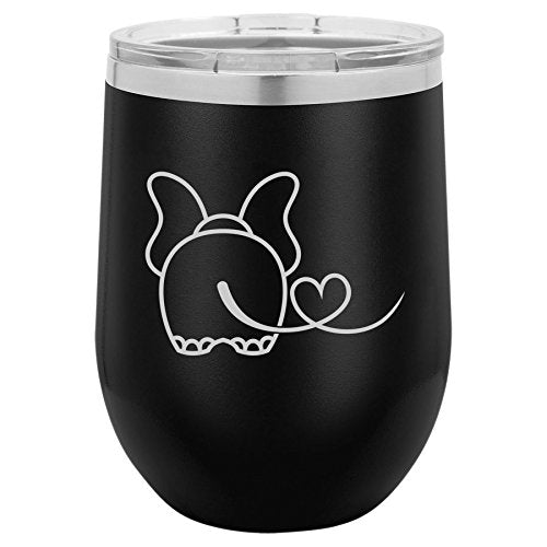 12 oz Double Wall Vacuum Insulated Stainless Steel Stemless Wine Tumbler Glass Coffee Travel Mug With Lid Elephant In Love (Black)