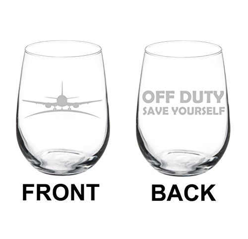 Wine Glass Goblet Two Sided Airplane Pilot Flight Attendant Off Duty Save Yourself (17 oz Stemless)