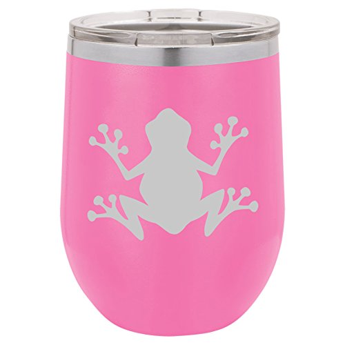 12 oz Double Wall Vacuum Insulated Stainless Steel Stemless Wine Tumbler Glass Coffee Travel Mug With Lid Frog (Hot-Pink)