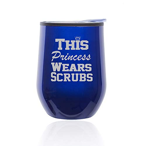 Stemless Wine Tumbler Coffee Travel Mug Glass With Lid This Princess Wears Scrubs Nurse (Blue)