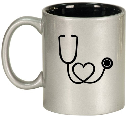 Stethoscope in Shape of Heart Nurse Doctor Ceramic Coffee Tea Mug Cup Silver Black