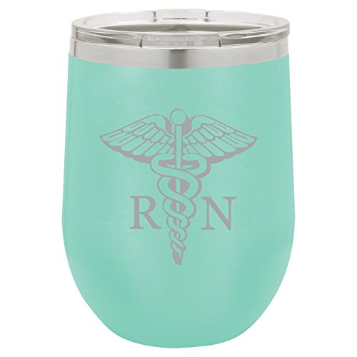 12 oz Double Wall Vacuum Insulated Stainless Steel Stemless Wine Tumbler Glass Coffee Travel Mug With Lid RN Registered Nurse (Teal)