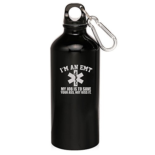 20oz Aluminum Sports Water Bottle Caribiner Clip EMT Job is to Save You (Black)