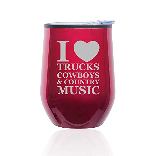 Stemless Wine Tumbler Coffee Travel Mug Glass With Lid Love Trucks Cowboys Country Music (Fuchsia)