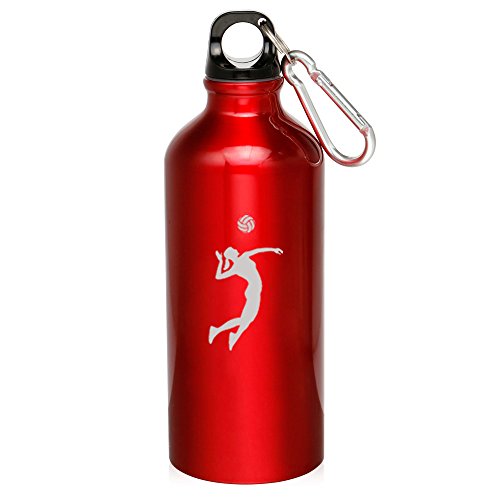 20oz Aluminum Sports Water Bottle Caribiner Clip Female Volleyball Player (Red)