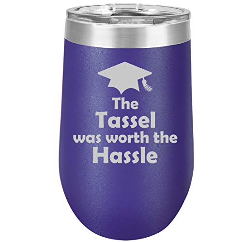 16 oz Double Wall Vacuum Insulated Stainless Steel Stemless Wine Tumbler Glass Coffee Travel Mug With Lid The Tassel Was Worth The Hassle Graduation (Purple)